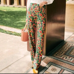 Sezane Floral Printed Pants Trousers Pleated Green Poppy Viscose